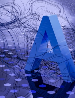 Large blue letters 'AI' stand prominently on a surface covered with a pattern of hexagonal shapes. Dark swirling lines intersect around the letters, creating a sense of motion and complexity. The background has a metallic sheen with a futuristic, digital style.