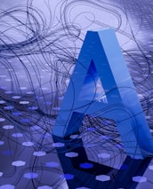 Large blue letters 'AI' stand prominently on a surface covered with a pattern of hexagonal shapes. Dark swirling lines intersect around the letters, creating a sense of motion and complexity. The background has a metallic sheen with a futuristic, digital style.